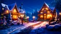 Christmas scene with lit up house in the middle of the night. Generative AI Royalty Free Stock Photo