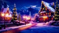 Christmas scene with lit up house in the middle of the night. Generative AI Royalty Free Stock Photo