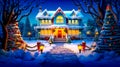 Christmas scene with lit up house in the middle of the night. Generative AI Royalty Free Stock Photo