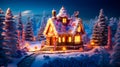 Christmas scene with lit up house in the middle of the night. Generative AI Royalty Free Stock Photo