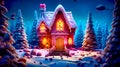 Christmas scene with lit up house in the middle of the night. Generative AI Royalty Free Stock Photo