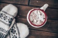 Christmas scene with mittens and hot chocolate with marshmallow Royalty Free Stock Photo