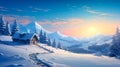 Christmas scene of picturesque landscape with small wooden log cabin on a snow meadow on sunrise time. Snowy hills Royalty Free Stock Photo