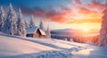 Christmas scene of picturesque landscape with small wooden log cabin on a snow meadow on sunrise time. Snowy hills Royalty Free Stock Photo