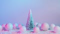 Christmas scene with pine tree, decorative baubles and snow on iridescent neon background. Creative Xmas or New Year Royalty Free Stock Photo