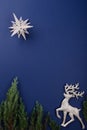 Christmas scene with reindeer on dark blue background.
