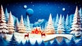 Christmas scene with reindeers and red house in the middle of snowy forest. Generative AI Royalty Free Stock Photo