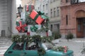 Christmas scene in Riga, Latvia. Car boot filled with Christmas presents. Old Riga. December in Latvia Royalty Free Stock Photo