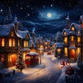 a christmas scene with a train and a santa clause on the train tracks in the snow and a full moon