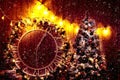 Christmas scene with tree gifts and fire in background. Old big street clock on wall of the building Royalty Free Stock Photo