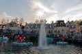 Christmas scenery at lake with Santa Claus by dusk