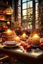 Christmas home decor, Christmas candles, Christmas red balls, ornaments, Christmas candle illuminated a background