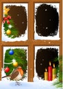 Christmas scenes seen through a wooden window Royalty Free Stock Photo