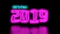 Christmas 2019 Sci-Fi blue cyan and Purple pink Neon Lights lettering word On Black Background wall and Reflective floor Royalty Free Stock Photo