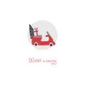 Christmas scooter. Vector illustration in simple hand-drawn Scandinavian style. Transport with gifts and Christmas tree Royalty Free Stock Photo