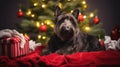Christmas Scottish Terrier Background. Merry Christmas, Happy New Year Concept. Cute Dog Dressed In Wearing Festive