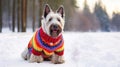 Christmas Scottish Terrier Background. Merry Christmas, Happy New Year Concept. Cute Dog Dressed In Wearing Festive