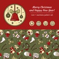 Christmas Scrapbooking Set. Seamless Pattern and Vector Icons with Christmas Toys, Bell, Wreath, Snow House, Deer, Hat