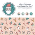 Christmas Scrapbooking Set. Seamless Pattern and Vector Icons with Christmas Toys, Bell, Wreath, Snow House, Deer, Hat