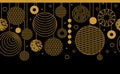 Christmas seamless allover border with gold Christmas balls on black background. Art Deco style, trendy 70s, disco. Royalty Free Stock Photo