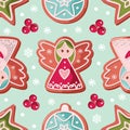 Christmas seamless background. Gingerbread angel and holly. Ornamental pattern for wrapping paper, banners, pajamas Royalty Free Stock Photo