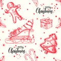 Christmas seamless background with hand drawn gingerbread, candy, santa`s sleigh, gifts and holly. New Year. Vintage pattern can Royalty Free Stock Photo