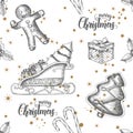 Christmas seamless background with hand drawn gingerbread, candy, santa`s sleigh, gifts and holly. New Year. Vintage pattern can Royalty Free Stock Photo