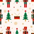 Christmas seamless background with nutcracker, Christmas tree and snowflakes