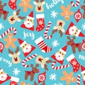 Christmas seamless background with Santa, socks, gift boxes and candy canes. Vector seamless flat pattern with icons of Happy New