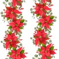 Christmas seamless Background with Winter flower Poinsettia, Mistletoe, branches of Rowan tree with Berries