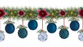 Christmas seamless border with fir tree garland, tree ornaments and poinsettia flowers, watercolor Christmas border decoration Royalty Free Stock Photo