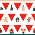 Christmas seamless border horizontal pattern of repeating red triangles and cute characters - Santa Claus, snowman, deer Royalty Free Stock Photo
