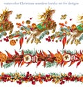 Christmas seamless border with reindeer, berries, leaves, spruce branches. New Year watercolor background. natural floral winter Royalty Free Stock Photo