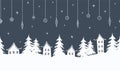 Christmas seamless border. Winter landscape. White houses, fir trees, Christmas tree decorations on dark blue background Royalty Free Stock Photo