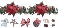 Christmas seamless brush with Euphorbia pulcherrima and isolated elements of traditional decor, sweets and toys on white