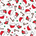 Christmas seamless cartoon hand-drawing. Colored socks, Santa hats and sugar canes .on a white background. Vector background