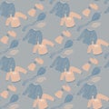 Christmas seamless cozy pattern with sweaters, mittens, scarfs and hats silhouette. Blue and pink palette