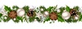 Christmas seamless garland with fir branches, silver balls, holly leaves, cones and mistletoe. Vector illustration.