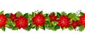 Christmas seamless garland with red poinsettia flowers. Vector illustration.
