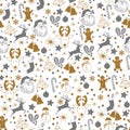 Christmas seamless gray and gold pattern on white background with deer, snowman, candy, sock, star, snowflake holiday icons, New