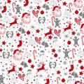 Christmas seamless gray silver and red pattern on white background with deer, snowman, candy, sock, star, snowflake holiday icons