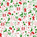 Christmas seamless green and red pattern on white background with deer, snowman, candy, sock, star, snowflake holiday icons, New