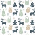 Christmas seamless hand drawn pattern with deer and gift and tree. Vector abstract background for design for textile Royalty Free Stock Photo