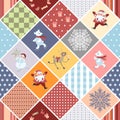 Christmas seamless patchwork pattern with Santa Claus, funny deer, polar bears,snowman, snowflake, gifts and geometric ornaments. Royalty Free Stock Photo