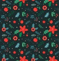 Christmas seamless pattern and abstract background, botanical illustrations with red flowers and leaves.