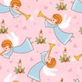 Christmas seamless pattern with angels playing the trumpet.