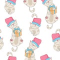 Christmas seamless pattern with animal. Cat with gift and capping Santa Claus.