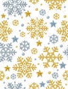 Christmas seamless pattern background with gold and silver glittering snowflakes and stars, vector illustration Royalty Free Stock Photo