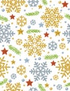 Christmas seamless pattern background with gold and silver glittering snowflakes, twig and stars, vector illustration Royalty Free Stock Photo