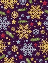 Christmas seamless pattern background with gold and silver glittering snowflakes, twig and stars, vector illustration Royalty Free Stock Photo